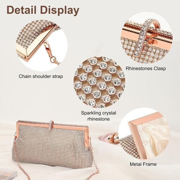🆕Evening Bag Champagne Crystal Rhinestone Crossbody Handbag Shoulder Wedding - Picture 3 of 7